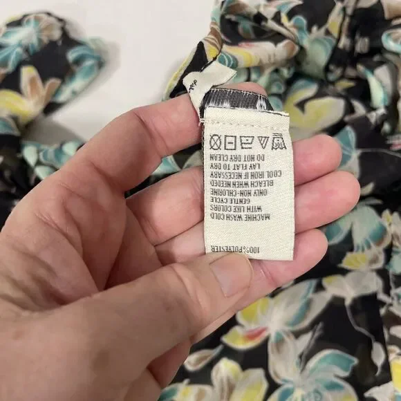 American Rag Women Sz L Black Sheer Floral Bouse Round Tie Neck Balloon Sleeve - Picture 11 of 11